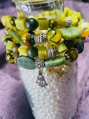 Evil Eye Charm, Jungle Jasper, Crackle Agate & New Jade Bead Bracelet Set
